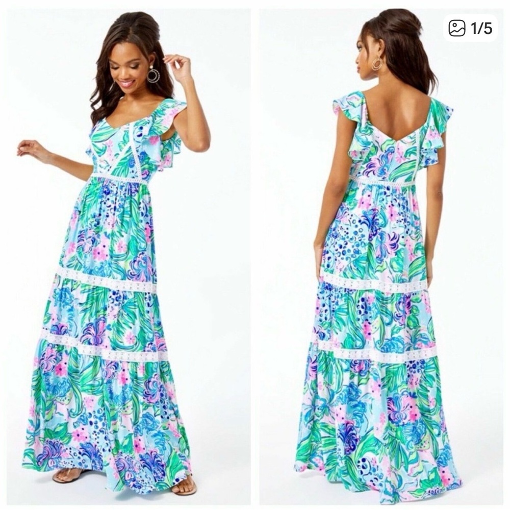Lilly Pulitzer Tropical Floral Maxi Dress in Green, Blue, Pink
